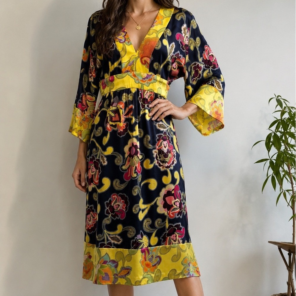 Trina Turk Floral Paisley Empire Waist Midi Dress, Size 8 Navy Yellow Silk Y2K